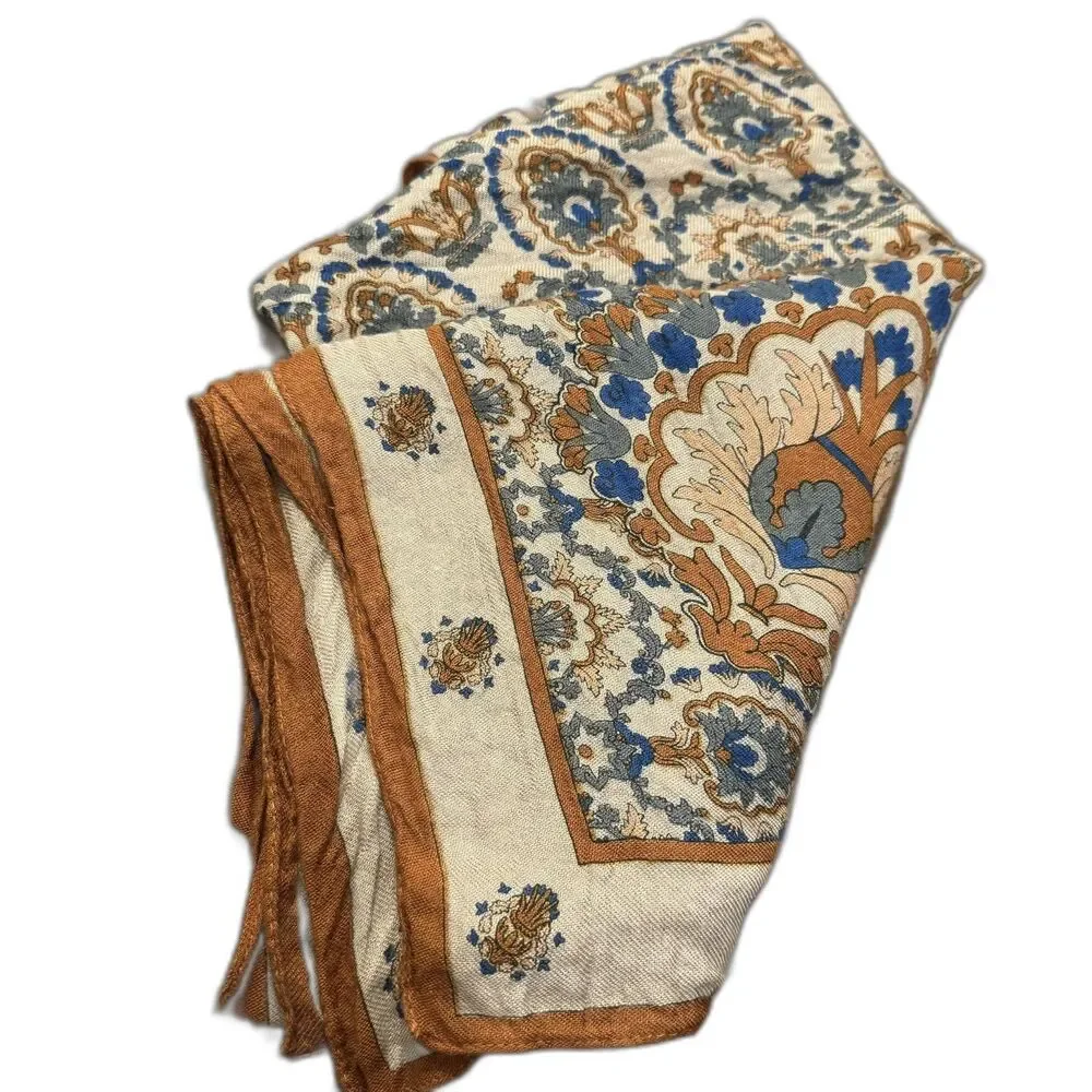 Vintage Paisley Floral Square Scarf Blue Brown Cream Border Print 30x29 Retro